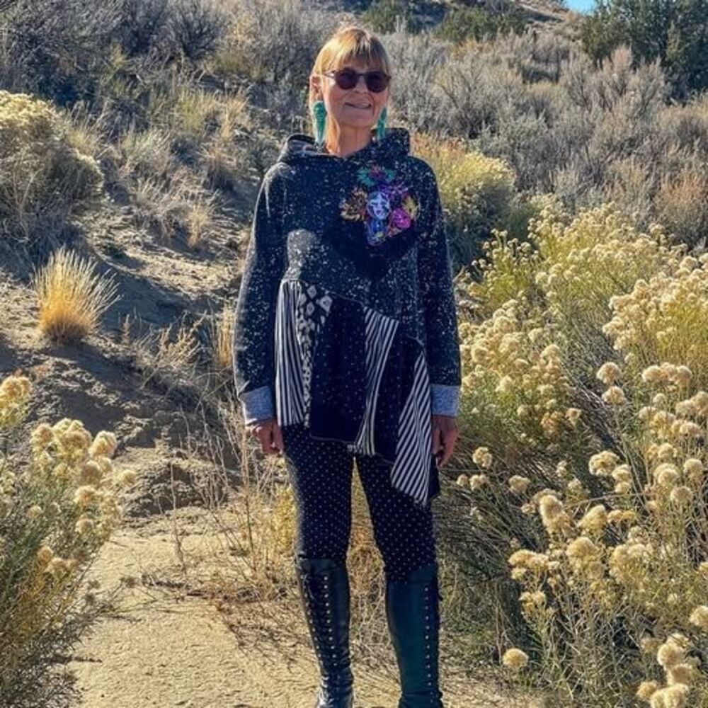 Black and White Hoodie / Tunic with Mardi Gras Masks and black lace appliqués - Picture 6 of 7